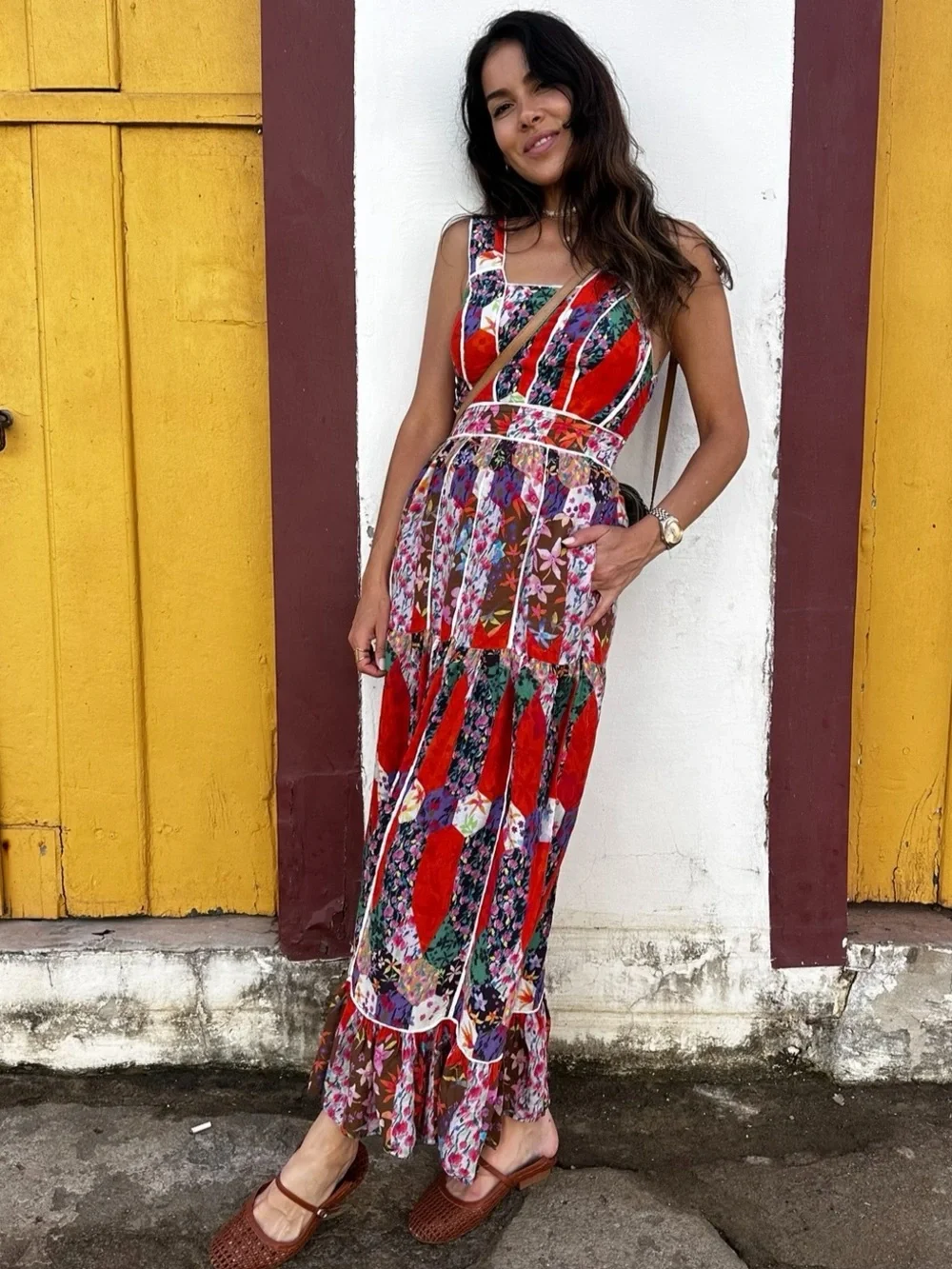 Anthropologie Red Floral Patchwork Maxi Dress - Picture 2 of 4